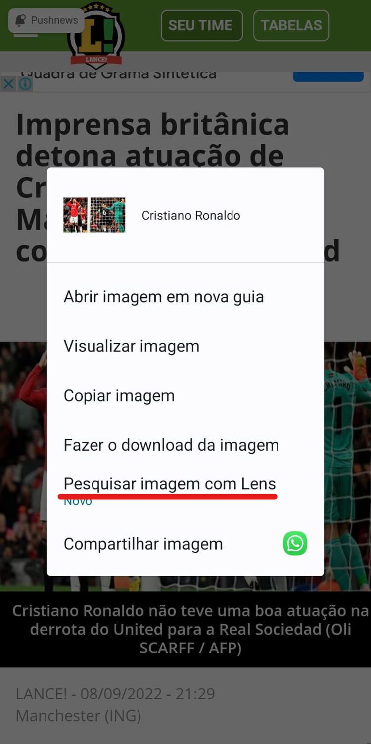 Menu contexto de imagem: opções para abrir, visualizar, copiar, download, pesquisa Lens