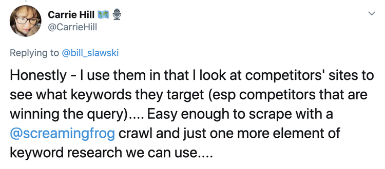 Twitter post from Carrie Hill about using meta keywords to analyze competitors' targeting