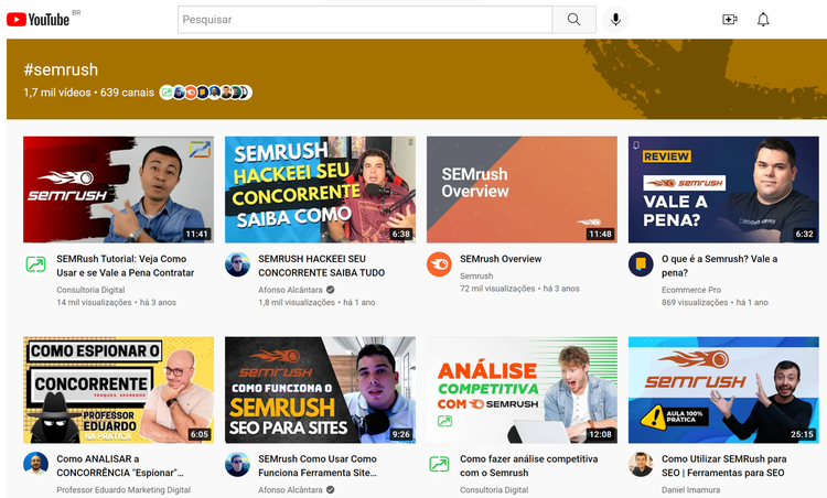 Hashtag "semrush" no YouTube
