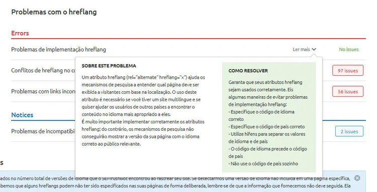 SEMrush: problemas com hreflang listando erros de implementação e como resolvê-los