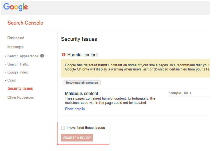 Google Search Console problemas segurança conteúdo prejudicial e botão revisão