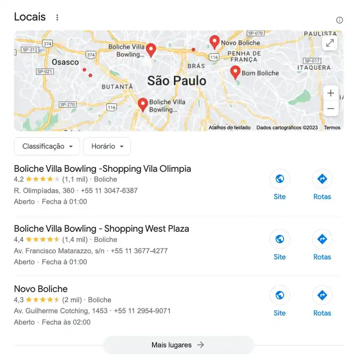 Recurso SERP do pacote local de pista de boliche