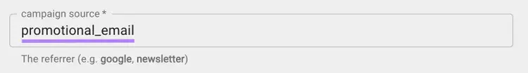 "promotional_email" inserido no campo "campaign source" (fonte da campanha)