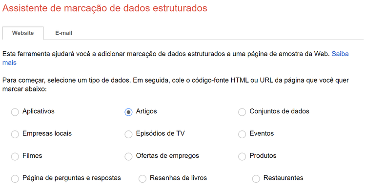 tela inicial ferramenta Assistente de marcação de dados estruturados