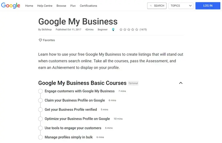 Página de destino do curso Google Meu Negócio