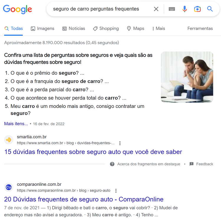 exemplo de perguntas frequentes aparecendo na serp do google