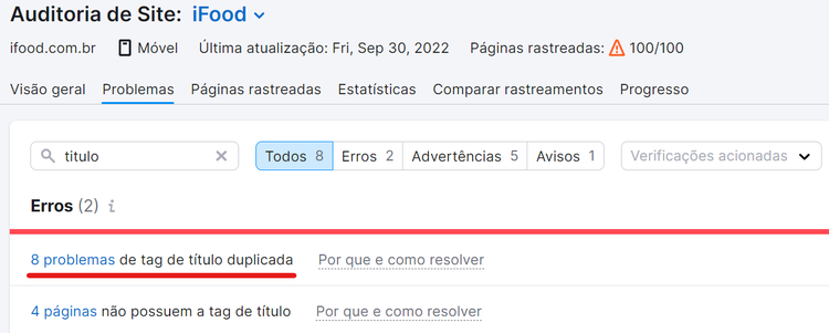 busca por erros de title tag duplicada na ferramenta auditoria de site