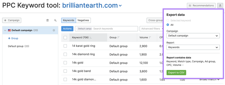 Página da PPC Keyword Tool da Semrush com o botão "Exportar dados" clicado e o menu pop-up em destaque.