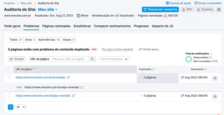 2 páginas estão com problema de conteúdo duplicado