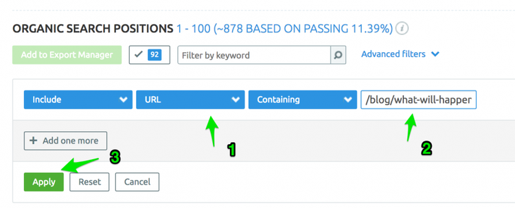 SEMrush: filtro de posições de pesquisa orgânica com opções de Include, URL e Containing