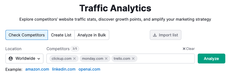 "clickup.com", "monday.com" e "trello.com" inseridos na barra de pesquisa da ferramenta Análise de tráfego