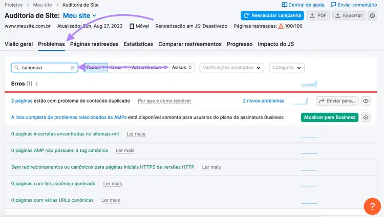 busca "canônica" em na aba "problemas" em Auditoria do site