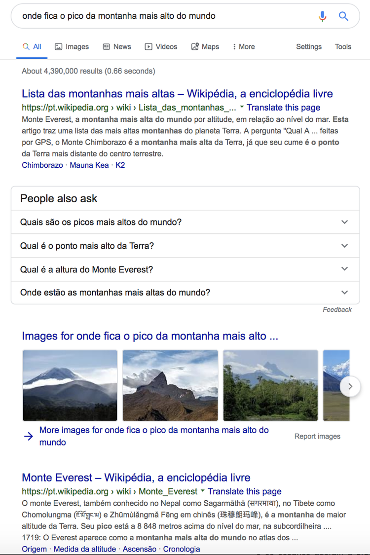 Google: resultados de pesquisa em português sobre o pico mais alto do mundo com imagens