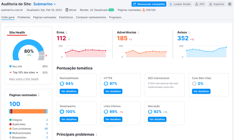 métrica site health na ferramenta auditoria do site