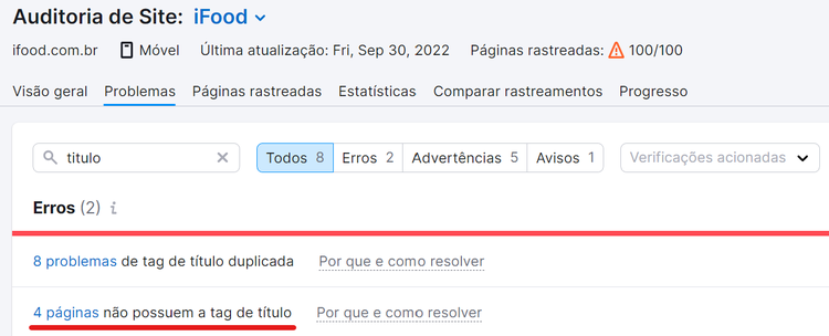 busca por erros de title tag ausente na ferramenta auditoria de site