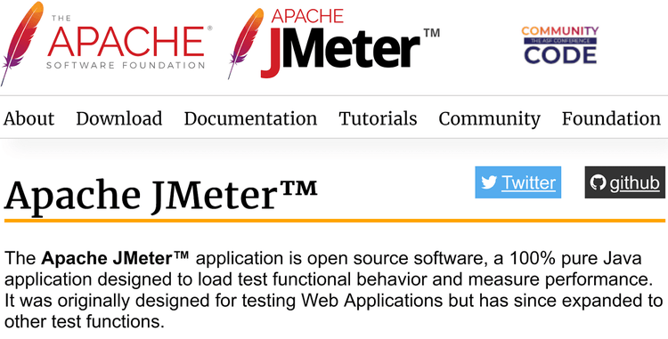 Página inicial do Apache JMeter com uma descrição do software como uma ferramenta de código aberto para teste de carga e medição de desempenho.