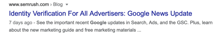 Google search result for Semrush blog about Google News advertiser update