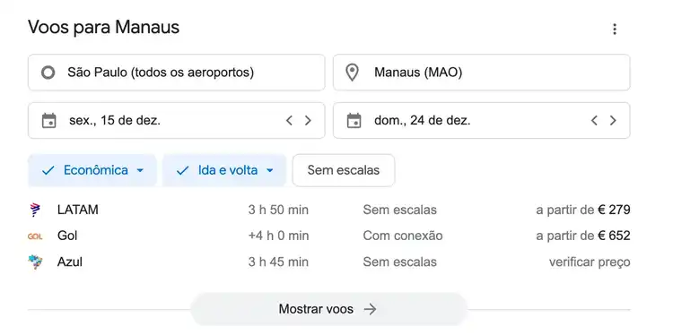 Recurso de SERP interativo do Google Flights