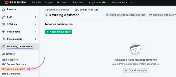 navegue pela ferramenta “Semrush Writing Assistant” no menu esquerdo