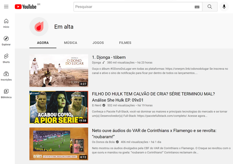 Vídeos em alta no YouTube