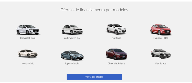iCarros financing models grid displaying eight car options with view all offers button