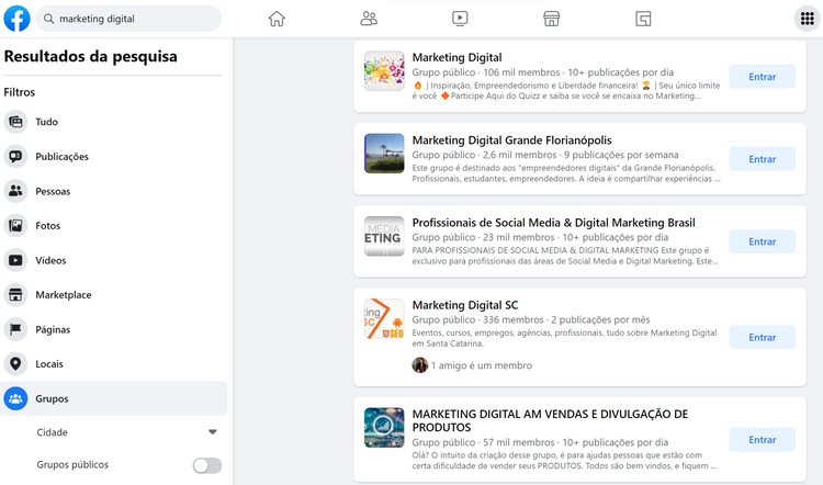 tom de voz - pesquisa de grupos no facebook