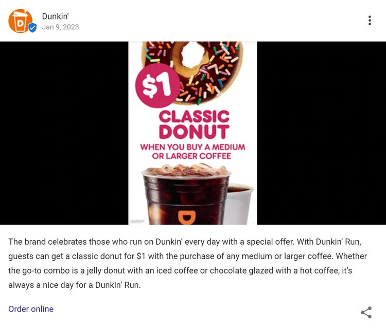 Postagem no perfil do Google Meu Negócio da Dunkin' Donuts anunciando uma oferta especial de donuts por US$ 1.