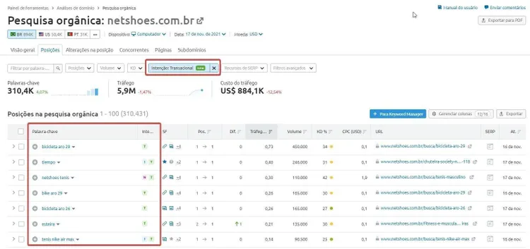 Relatório pesquisa orgânica netshoes.com.br posições