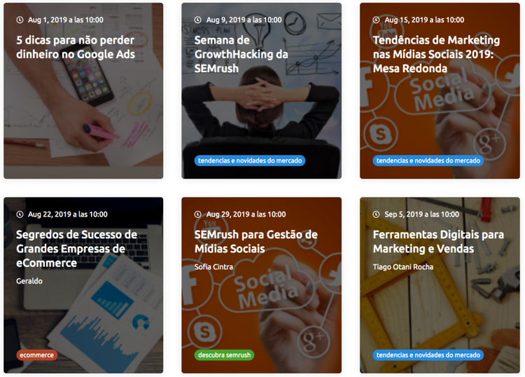 Grade de 6 cards de webinars Semrush com datas e títulos sobre marketing digital