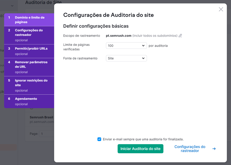 configurando auditoria do site