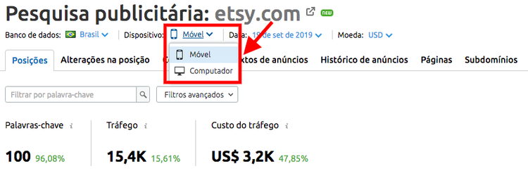 Relatório de pesquisa publicitária para etsy.com com filtro de dispositivo móvel aberto