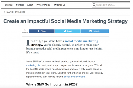 Blog: artigo sobre estratégia de marketing em redes sociais com botões de compartilhamento