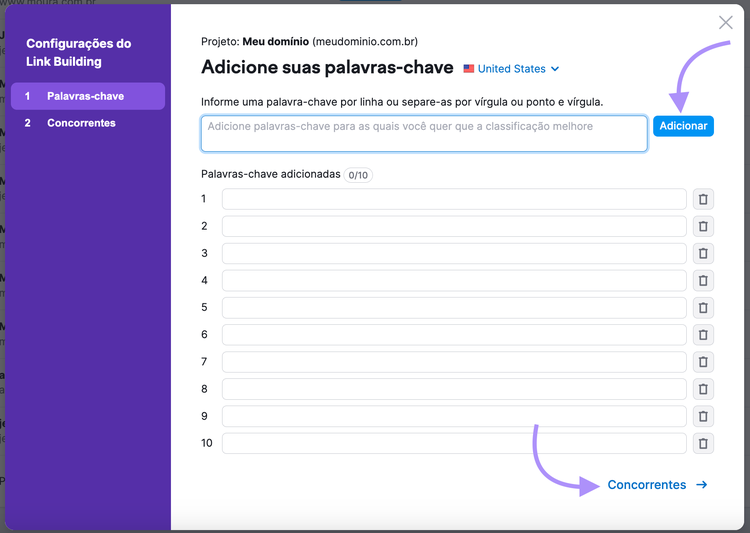 inserindo palavras-chave na ferramenta Link Building
