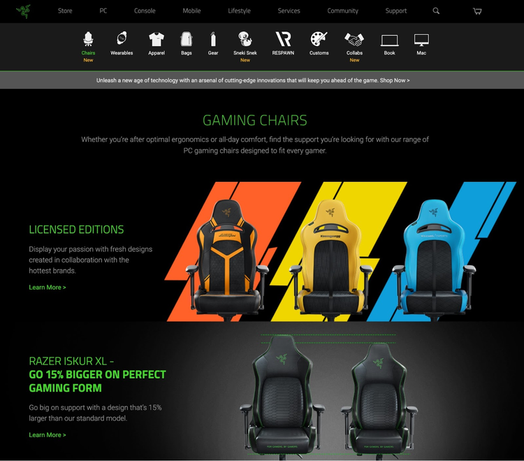 Página inicial da Razer vendendo cadeiras para jogos em designs preto e verde, laranja, amarelo e azul.
