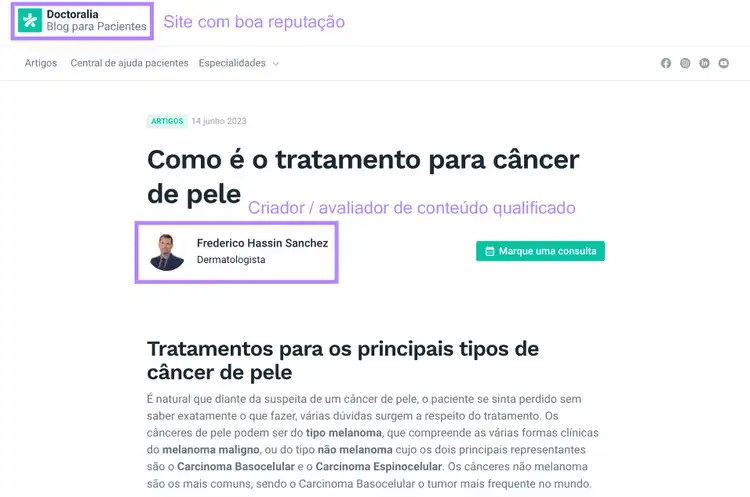 Um artigo sobre câncer de pele do Doctoralia como exemplo de autoridade