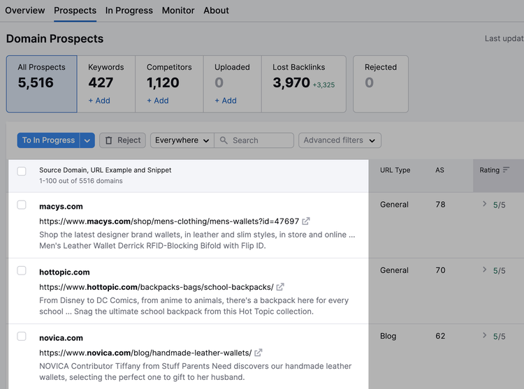 Uma lista de possíveis perspectivas de backlinks mostrada na Link Building Tool