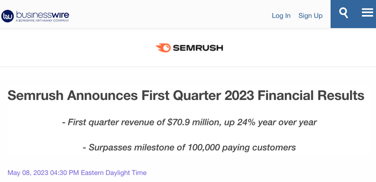 "A Semrush anuncia os resultados financeiros do primeiro trimestre de 2023", diz a manchete