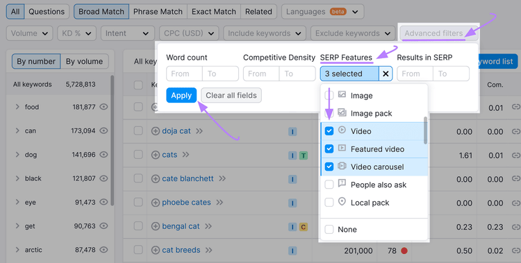 Como aplicar "Filtros avançados" para os recursos de SERP e selecionar "Vídeo", "Vídeo em destaque" e "Carrossel de vídeo".