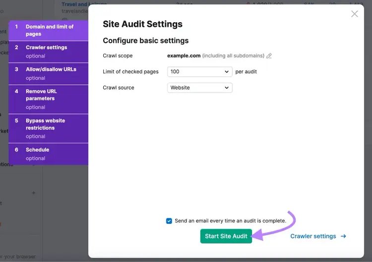 Página Configurações de Auditoria do Site para selecionar o escopo de rastreamento, origem e limite de páginas verificadas com "Iniciar Auditoria do Site" clicado