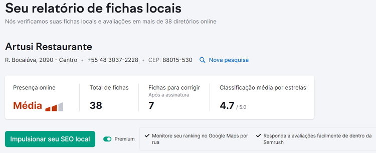 relatórios de fichas locais na ferramenta listing management
