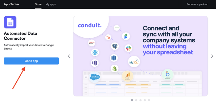 App Center screen showing Automated Data Connector for Google Sheets integration