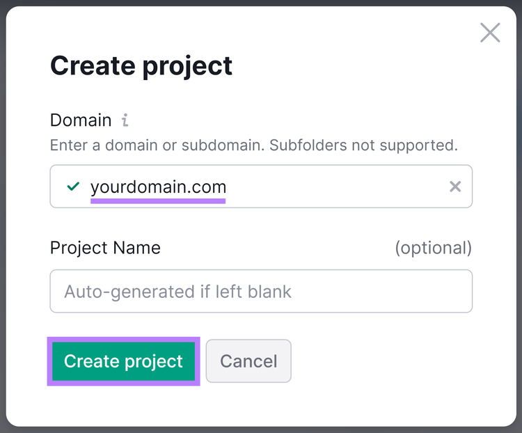 Domínio inserido e botão 'Criar projeto' destacado na Auditoria de Site do Semrush