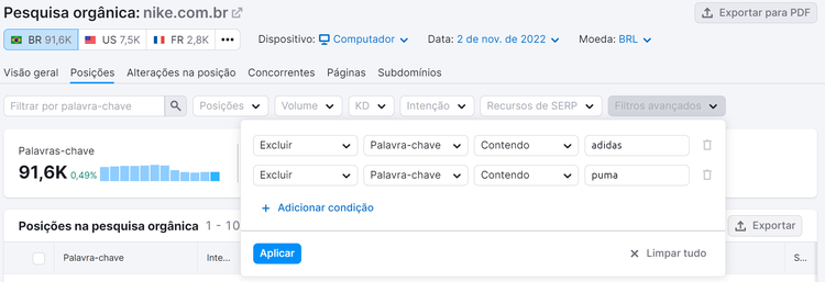 filtros avançados para excluir palavra-chave concorrente