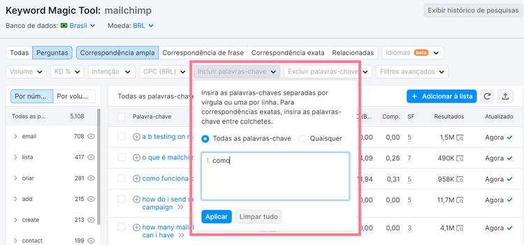 aplicando filtro de pergunta