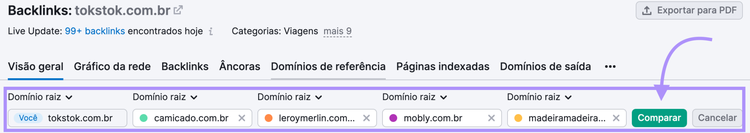 Exemplo de concorrentes na ferramenta de Análise de Backlinks