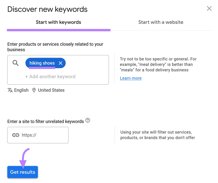 Aba “Começar com palavras-chave” na Ferramenta de Planejador de Palavras-Chave do Google